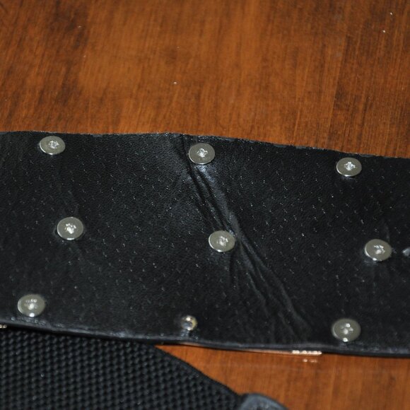 Vintage 90s Stretch Belt Metal X Metallic Gold & Black Leather Elastic XS-S - Picture 7 of 7